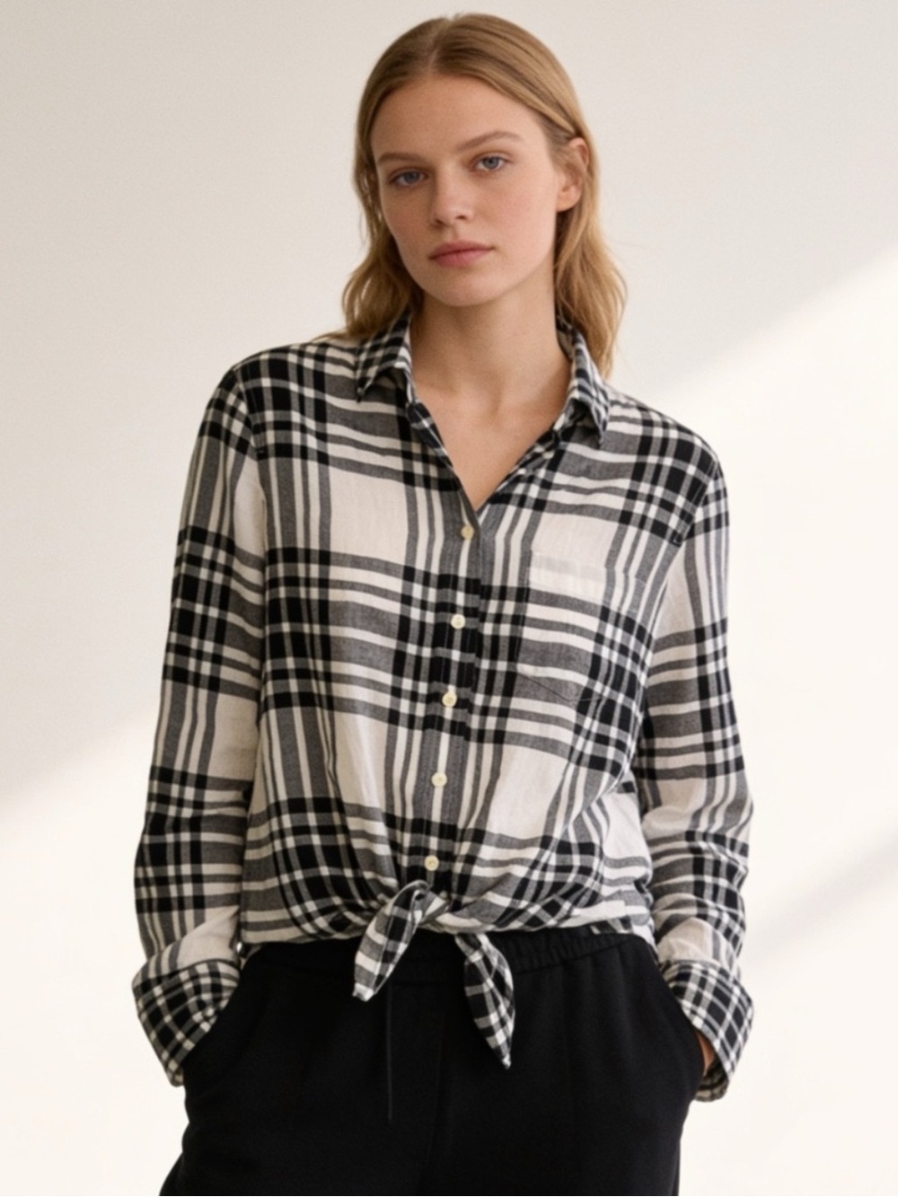 J.Crew Black White Plaid Button Down Shirt Cotton Stretch XXS